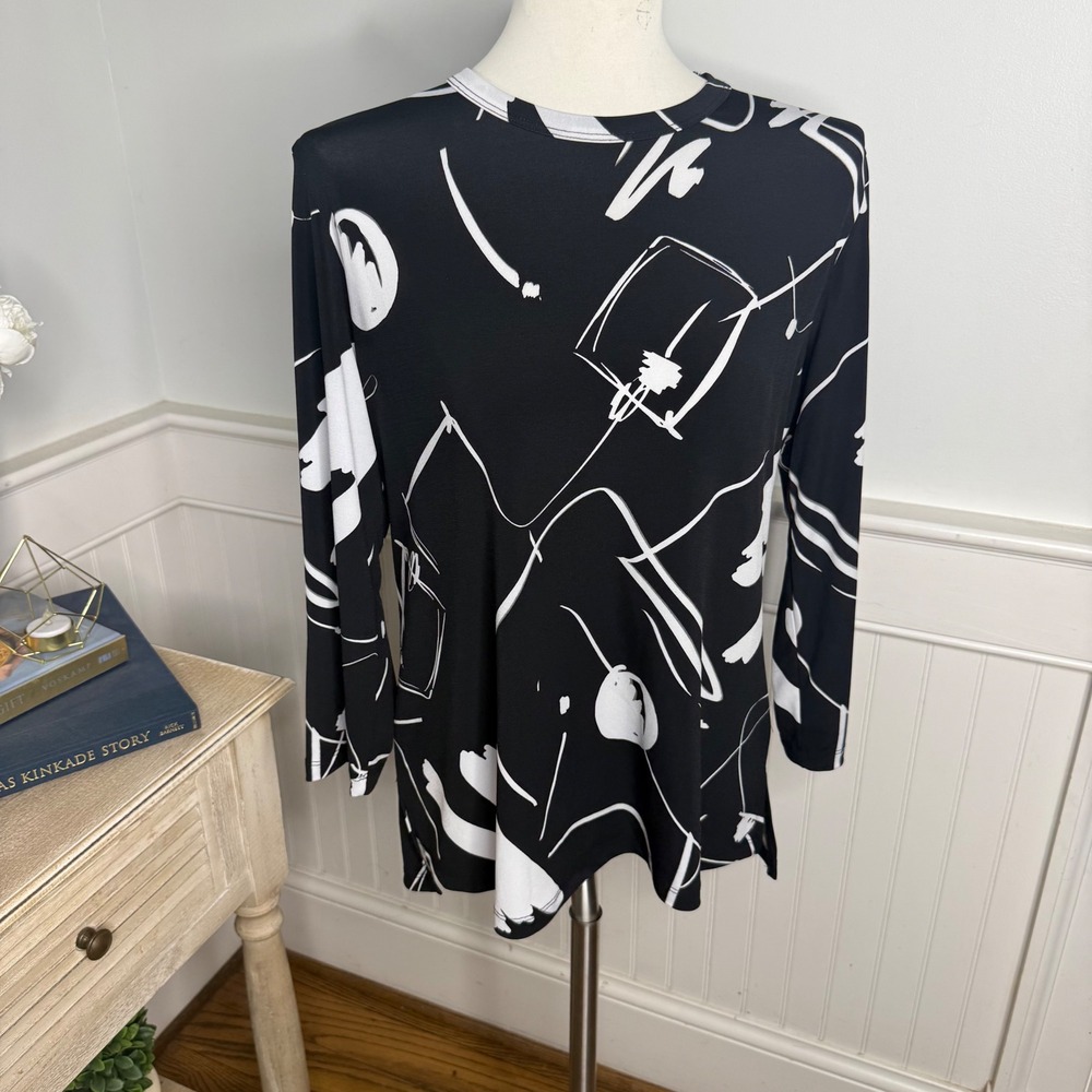 Jess & Jane Womens Black White Abstract Brushstroke 3/4 Sleeve Tunic Top M USA